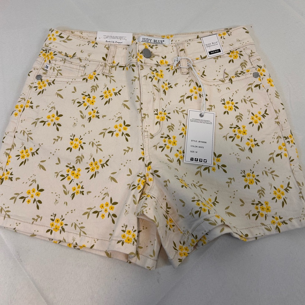 Judy Blue Cream Floral Jean Shorts with Yellow Flowers